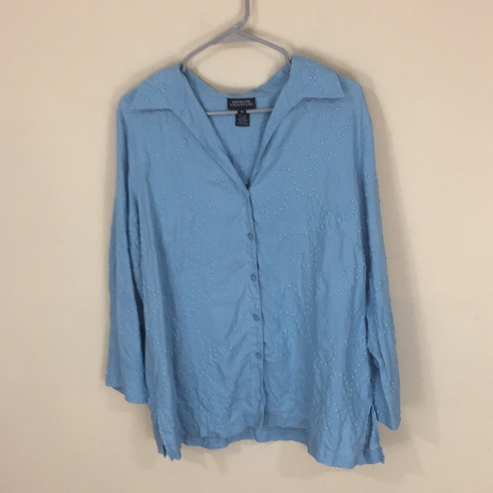 Jones of NY Blue Linen Textured Button up Shirt Top Plus Size 1X